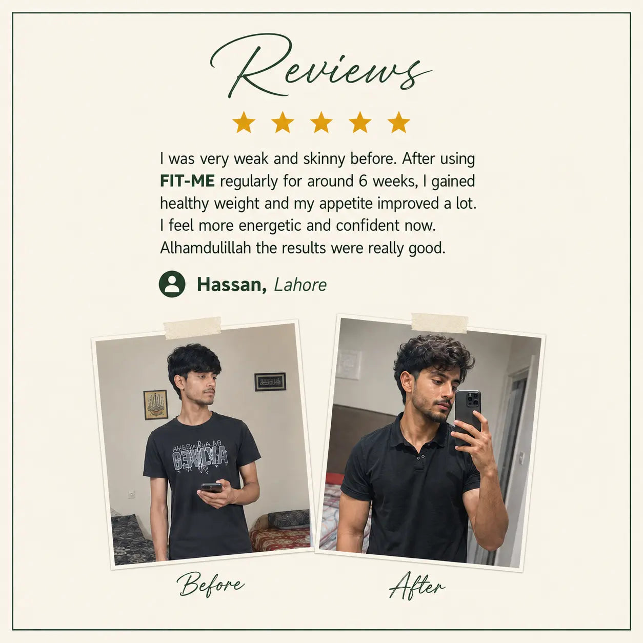 A promotional review graphic with text and two before-and-after photos of a man wearing a black fitted t-shirt and black polo shirt, labeled 'Reviews' and 'Before' / 'After'.