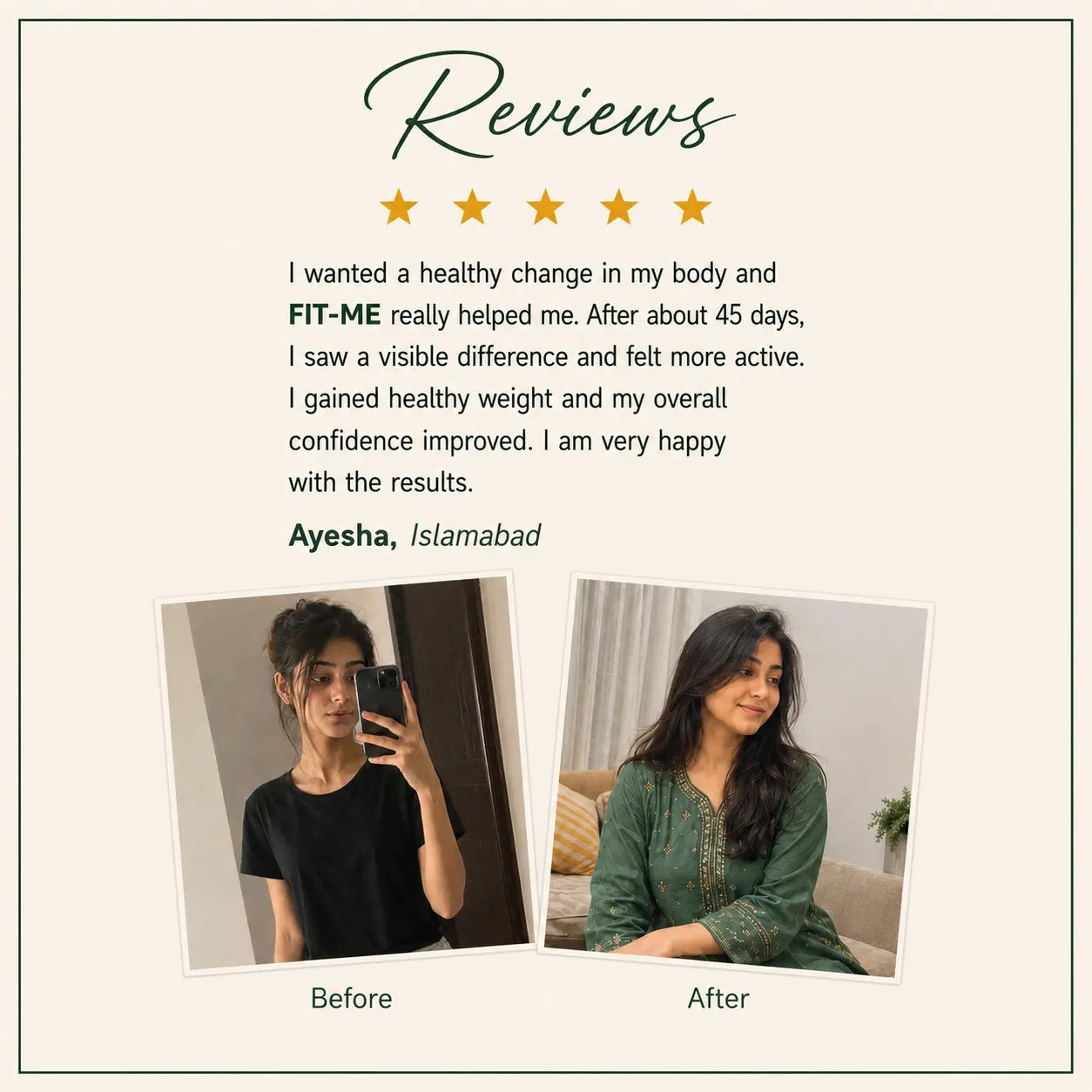 A testimonials graphic with the heading 'Reviews', five gold stars, a customer quote, and two before-and-after photos labeled 'Before' and 'After'.